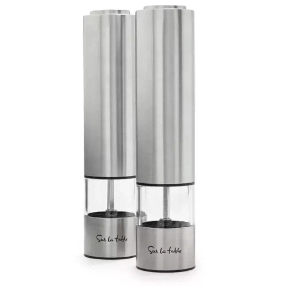New! Sur La Table ELECTRIC Stainless Steel Salt & Pepper Mill Set of 2